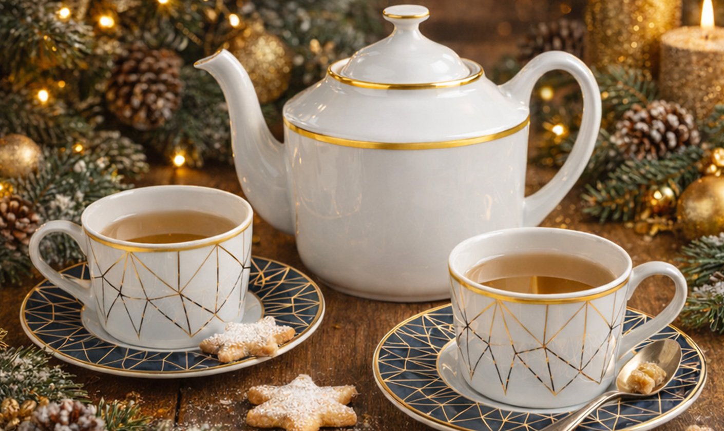 Holiday tea service with patterned cups